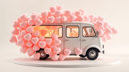 Retro white van surrounded by floating pink heart-shaped balloons on a minimalistic platform. Symbol of love, romance, and joyful celebration in a whimsical design.