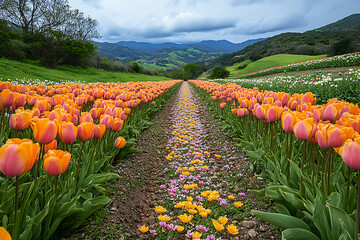 A picturesque guided tour of vibrant tulip fields, with visitors exploring endless rows of colorful blooms under a clear sky, creating a joyful and immersive spring experience