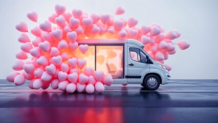 White van filled with glowing pink heart-shaped balloons, radiating light and love on a reflective surface. Concept of romance, celebration, and creative love delivery.