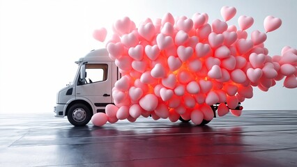 White truck releasing a cascade of pink heart-shaped balloons in an urban setting. Symbol of love, celebration, romance, and creative expression.