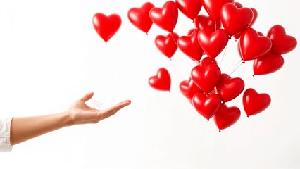 A female hand releasing multiple red heart-shaped balloons on a white background. Concept of love, romance, affection, and celebration of special moments.