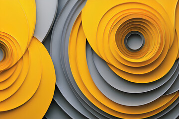 Colorful spiral paper art in yellow and gray showcasing layered circular designs
