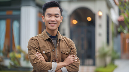 Naklejka premium Man with a brown jacket and a black and white striped necktie is smiling
