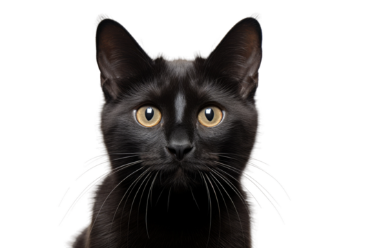 A Portrait of a Black Cat With Yellow Eyes. White or PNG Transparent Background.