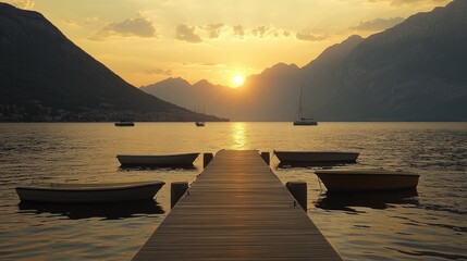 Obraz premium Sunset Over Lake With Boats And Wooden Dock