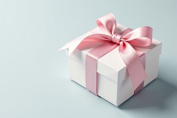 Obraz premium Delicate white gift box with a soft pink ribbon tied in a bow, decorative, present