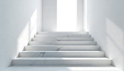 Fototapeta premium Modern white marble staircase with natural light, minimalist and elegant design white stair case, created with generative ai