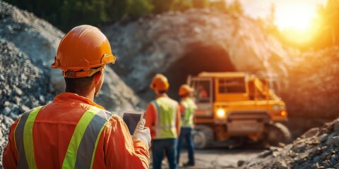 Life-saving rescue concept. Construction workers in helmets near a mining site at sunset.