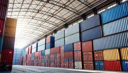 A large warehouse with many containers stacked up