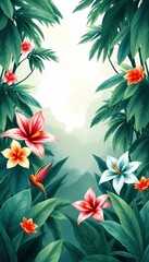Watercolor Jungle Landscape with Exotic Flowers