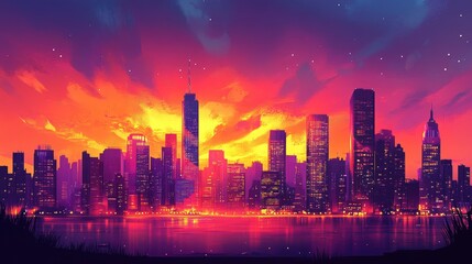 Fototapeta premium Vibrant City Skyline at Sunset Over Water