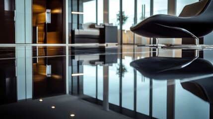 Reflective floor in a modern living room with a black chair.