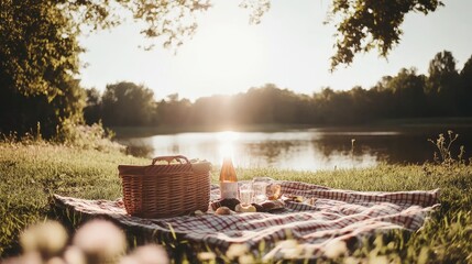 Lakeside Picnic Basket Sunset Summer Scene