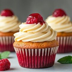Delicious raspberry cupcake topped with creamy frosting and fresh berries