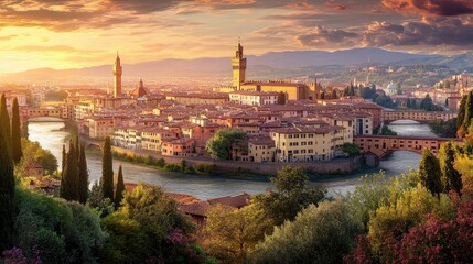 Sunset over Italian Island Cityscape with Bridges