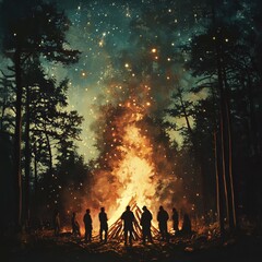 Bonfire in Forest with People Gathered Around