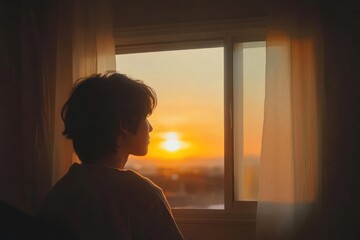 A person stands in a minimal room, watching a beautiful sunrise through a window, filled with hope and optimism