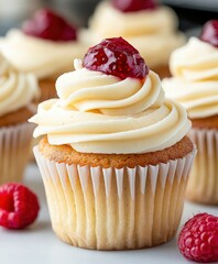 Delicious raspberry topped cupcakes with creamy frosting and fresh berries