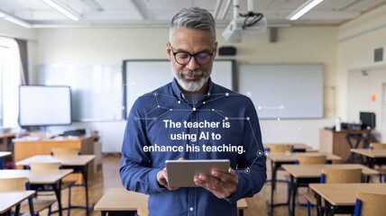 A mature teacher with glasses and a gray beard using a tablet in a modern classroom, integrating artificial intelligence into his lesson.