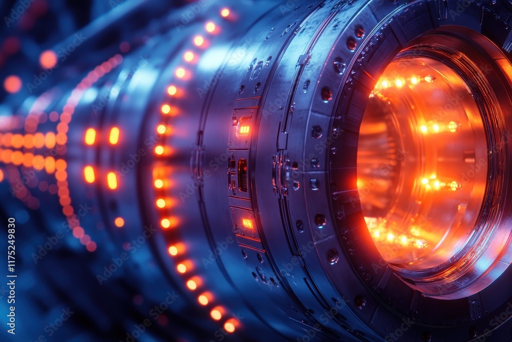 Poster design and construction of a futuristic engine component illuminated by vibrant lights in a high-tec