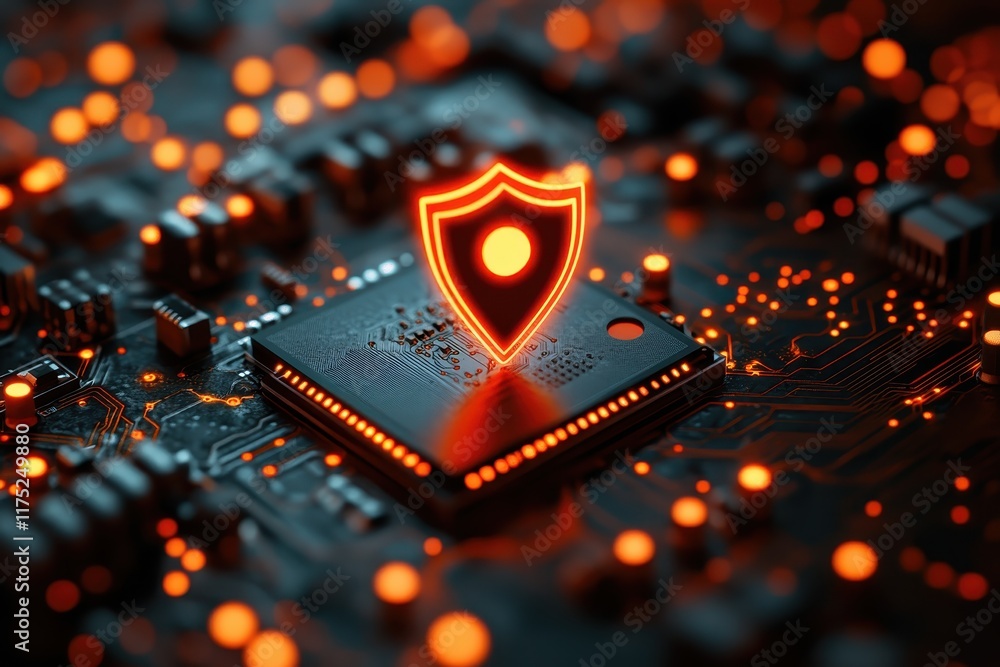 Aufkleber digital security technology is represented by a glowing shield over a circuit board during a nightti
