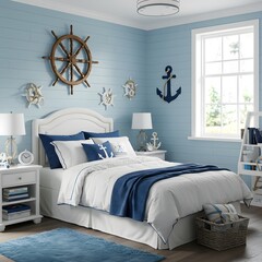 A nautical-themed bedroom with blue and white decor, ship wheels, and anchor accents. Interior design