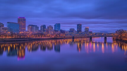 Fototapeta premium City Skyline Reflected In Calm River Water At Dusk