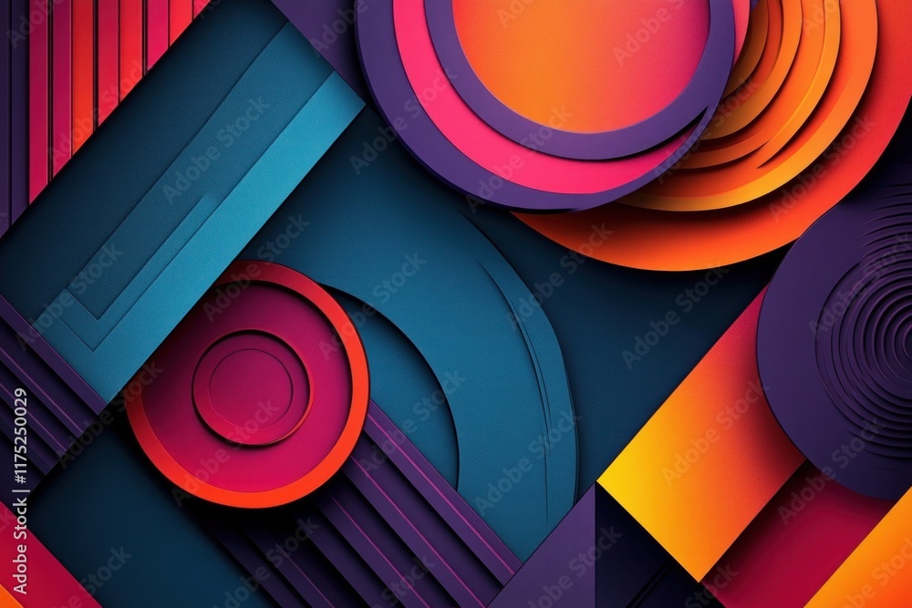 Poster bold geometric shapes overlap with dynamic lighting against a blue and orange gradient background