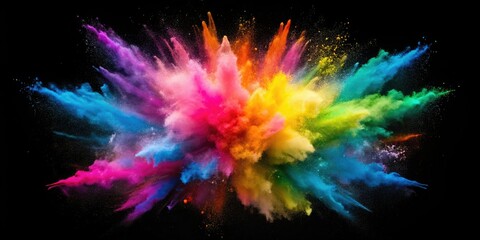 Fototapeta premium Vibrant powder explodes against a minimalist black backdrop, creating a colorful, dynamic dust cloud.