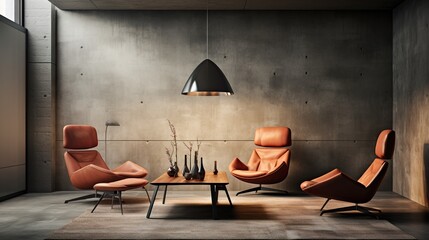 Living room interior have cabinet for tv and leather armchair in cement room with concrete wall 