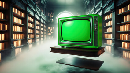 Floating green television in mystical library setting digital art fantasy environment