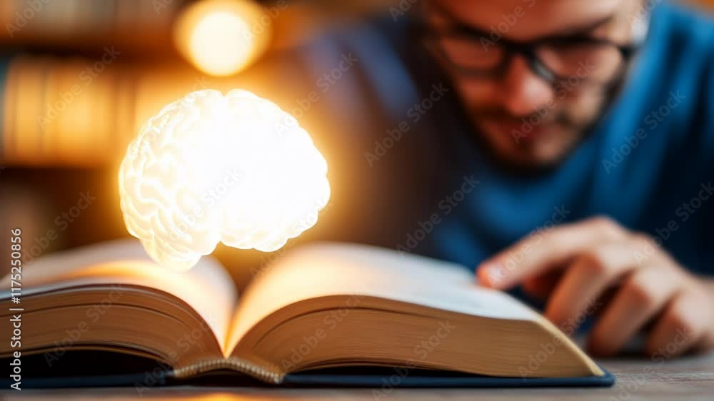 Poster illuminating learning with a glowing brain above an open book in a cozy environment