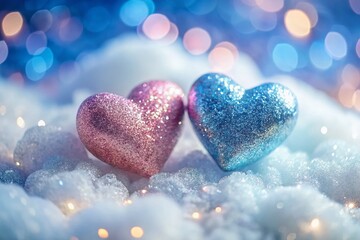 Fototapeta premium Sparkling Pink & Blue Hearts on Fluffy White Cloud - Whimsical Love Stock Photo