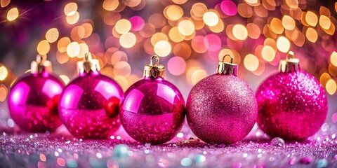 Sparkling Pink Christmas Baubles on Soft Surface with Bokeh Lights