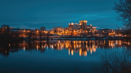 Fototapeta premium Night Cityscape Reflecting in Calm Water