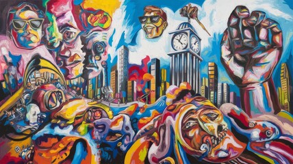 Fototapeta premium Surrealist abstract mural with colorful elements and symbolism