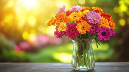 Fresh flowers bloom vibrantly in a glass vase, bathed in sunlight, with a lush garden softly blurred behind