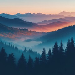 Beautiful sunrise over misty mountains and forest landscape in autumn