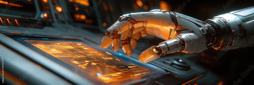 Poster close-up view of a robotic hand interacting with a touchscreen, illuminated by warm light in a high-