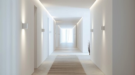 Fototapeta premium A narrow hallway with clean white walls, a single runner rug, and subtle lighting, isolated on a plain white background for simplicity and focus. 8k UHD, suitable for high-quality printing or 