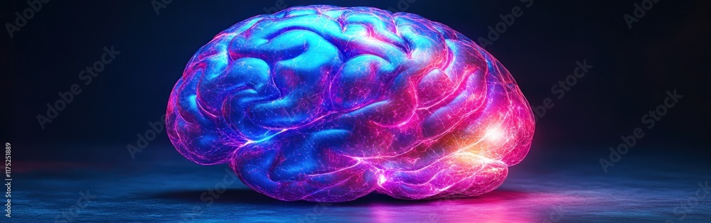 Poster a digital brain is illuminated with blue and purple light, highlighting intricate neural connections