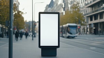 Blank billboard on city street with pedestrians and tram.