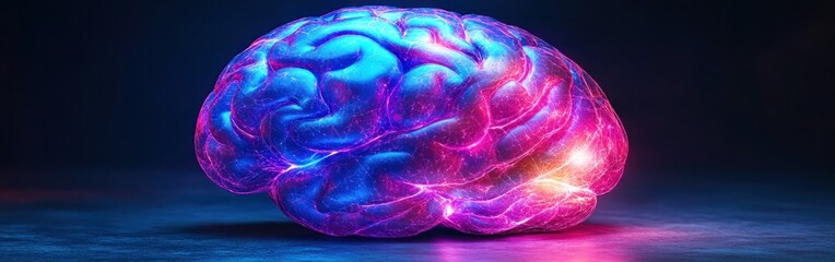 A digital brain is illuminated with blue and purple light, highlighting intricate neural connections in a dark setting