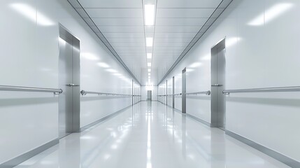Naklejka premium A futuristic hallway with reflective metallic walls and linear LED lights, rendered on a plain white background to emphasize its cutting-edge design. 8k UHD, suitable for high-quality printing 