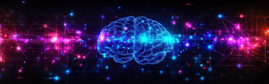 A glowing digital brain displays neural connections in blue and purple against a dark, neon-themed backdrop