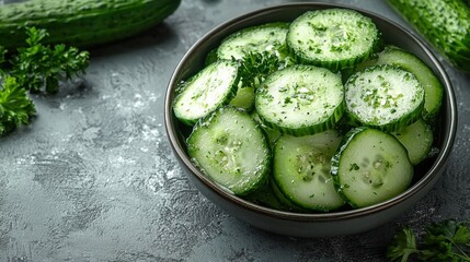 Freshly sliced cucumbers with herbs in a bowl arranged on a textured surface surrounded by whole cucumbers and green garnish