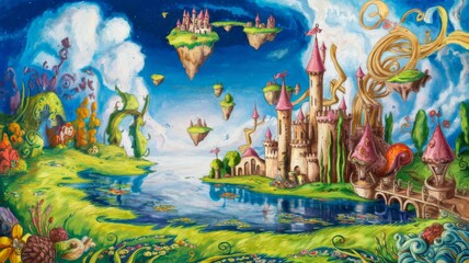 Colorful fantasy world with floating islands, large castle, winding vines, and blue water under bright sky with imaginative scenery
