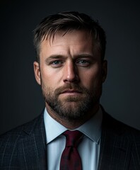 Confident businessman poses in tailored suit against dark backdrop