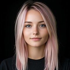 Naklejka premium Young woman with pastel pink hair poses against a dark background