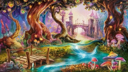 Obraz premium Enchanted fantasy forest with glowing trees and mystical river